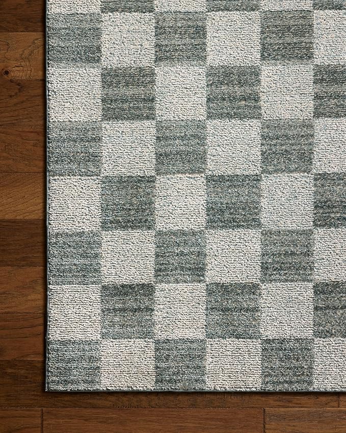 Loloi Chris Loves Julia Calvin Collection CLV-01 Blue/Ivory 9'-6" x 12'-6" Area Rug Checkered Neutral Soft Living Room Bedroom Carpet