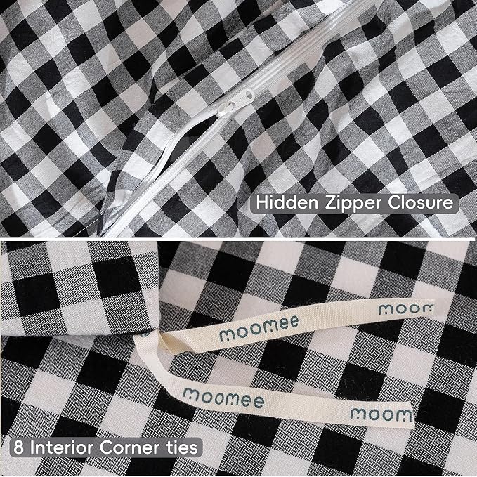 MooMee Gingham Duvet Cover Set 100% Washed Cotton Linen Like Textured Breathable Durable Soft Comfy Modern Checkered Design (Black White Gingham, King 104"x90")