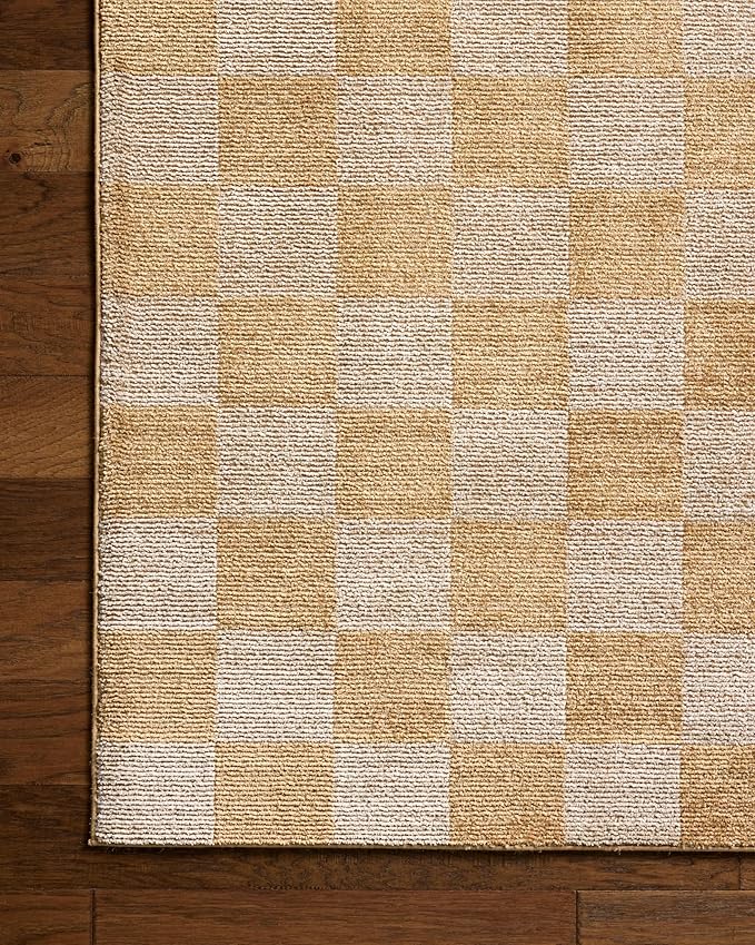 Loloi Chris Loves Julia Calvin Collection CLV-01 Apricot/Ivory 7'-10" x 10' Area Rug Checkered Neutral Soft Living Room Bedroom Carpet