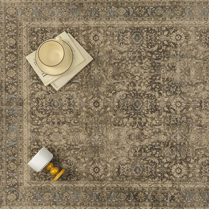 Brown 8x10 Area Rug Washable Vintage Carpet for Living Room Bedroom Large Soft Retro Floral Low Pile Thin Indoor Rug Non Slip Traditional Distressed Floor Cover for Dining Room Office