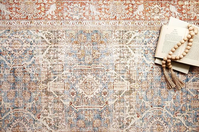 Loloi Layla Collection LAY-04 Ocean/Rust 2'-3" x 3'-9" .13" Thick Accent Rug, Soft, Durable, Vintage Inspired, Distressed, Low Pile, Non-Shedding, Easy Clean, Printed, Living Room Rug