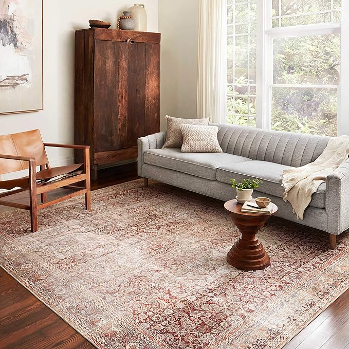Loloi Layla Collection LAY-11 Cinnamon/Sage 5'-0" x 7'-6" .13" Thick Area Rug, Soft, Durable, Vintage Inspired, Distressed, Low Pile, Non-Shedding, Easy Clean, Printed, Living Room Rug
