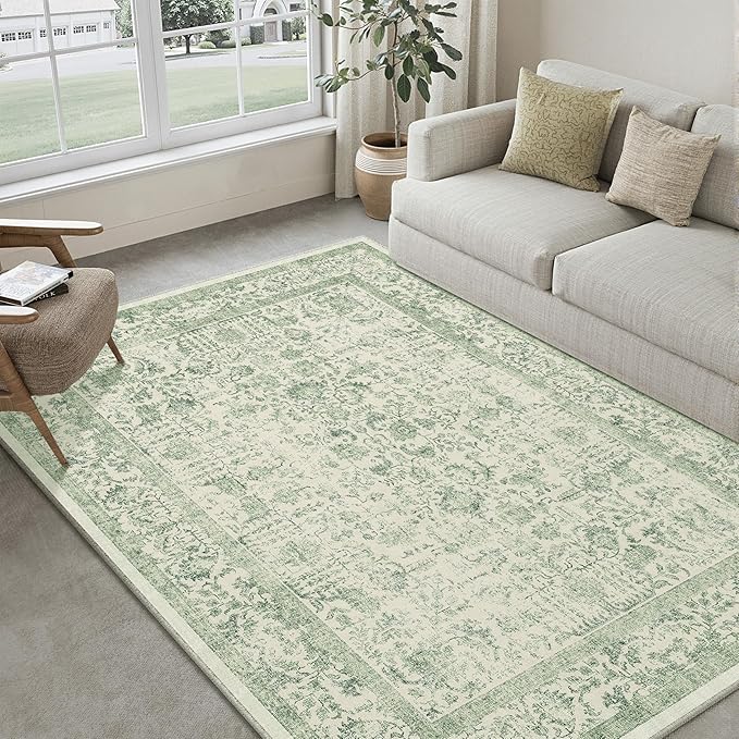 Sage Green Area Rug 9x12 Living Room Washable Carpet Vintage Distressed Non Slip Bedroom Carpet Neutral Low Pile Retro Floral Farmhouse Large Rug Home Office Dining Room Playroom