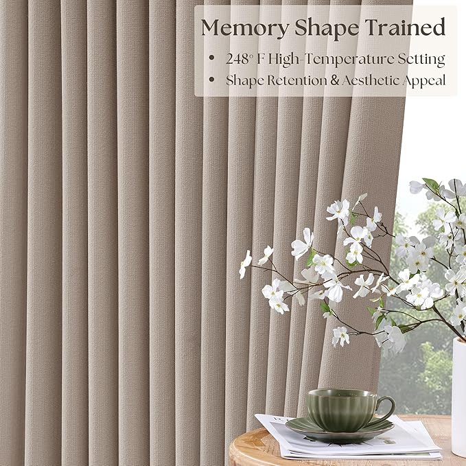 70 Inch Extra Wide Pinch Pleated Curtains Dual Layer for Living Room Bedroom 108 Inches Long Memory Trained Burlywood Birch Blackout Thermal Insulated Curtain with Back Tab Sliding Glass Door 1 Panel