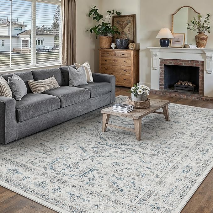 Blue 6x9 Area Rug Vintage Washable Living Room Carpet Non Slip Bedroom Indoor Office Low Pile Large Traditional Distressed Retro Accent Rug for Dining Room Bathroom Kitchen