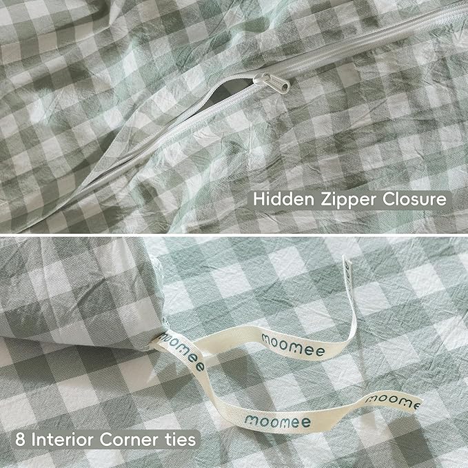MooMee Gingham Duvet Cover Set 100% Washed Cotton Linen Like Textured Breathable Durable Soft Comfy Modern Checkered Design (Sage Green Gingham, Super King 108"x98")