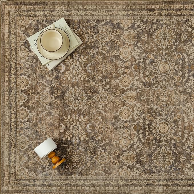 6x9 Vintage Area Rug Brown Washable Living Room Large Non Slip Carpet Bedroom Indoor Office Low Pile Traditional Distressed Retro Floral Accent Rug for Dining Room Kitchen