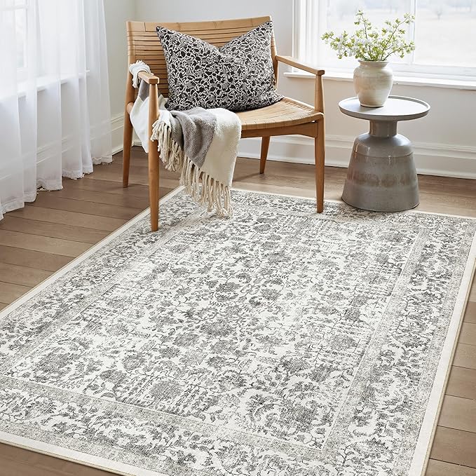 Black Area Rug 4x5 Office Entryway Rug Machine Washable Kitchen Vintage Distressed Non Slip Carpet Indoor Retro Floral Accent Throw Door Mat for Bathroom Bedroom Dining Living Room