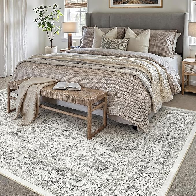 Black Area Rug 5x8 Machine Washable Vintage Living Room Distressed Non Slip Carpet Traditional Indoor Bedroom Retro Floral Accent Throw Large Rug Office Kitchen Bathroom Dining Room