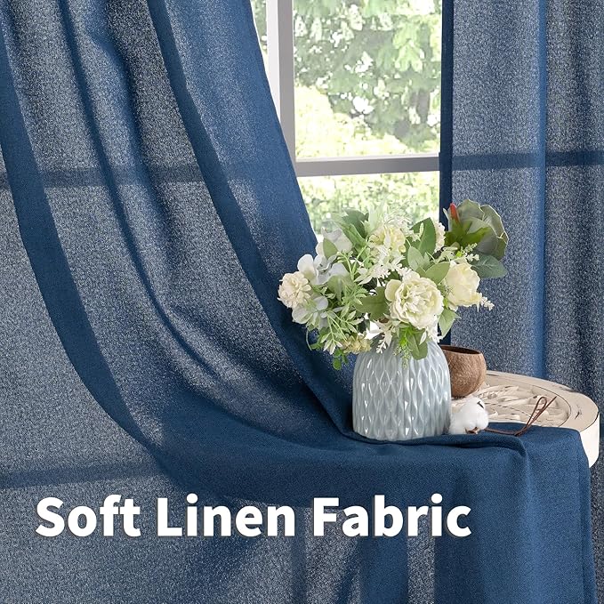 YoungsTex Navy Linen Curtains 63 Inch Length for Living Room, Dark Blue Semi Sheer Drapes Light Filtering with Bronze Grommet Privacy for Bedroom Decorative, 52 x 63 Inch, 2 Panels