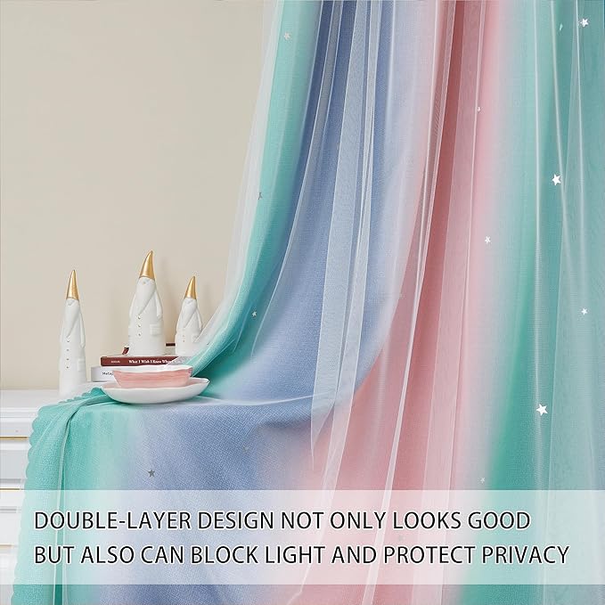 XiDi Pink Green Grey Kids Room Curtains, 34"W x 72"L, Blackout, Modern, Striped, 1 Panel