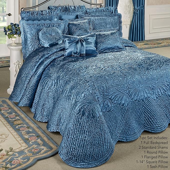 Touch of Class Portia Luxury Bedding | Sapphire | Quilted Polyester Satin | Romantic Hand Guided Machine Quilted Scroll Design 7 Piece Set with Full Bedspread, 2 Standard Shams, 4 Pillows