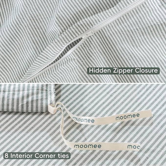 MooMee Striped Duvet Cover Set 100% Washed Cotton Linen Like Textured Breathable Durable Soft Comfy (Heathered Green Pinstripes, Super King Plus 120"x120")