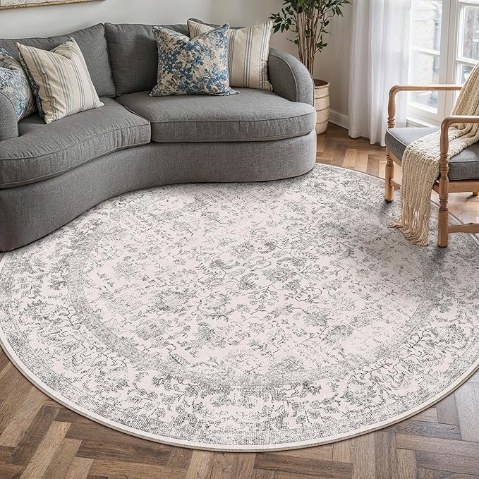 Grey Round Area Rug 8ft Entryway Door Mat Small Circle 8x8 Kitchen Vintage Carpet Non Slip Indoor Bedroom Washable Distressed Floral Retro Accent Throw Rug Office Bathroom