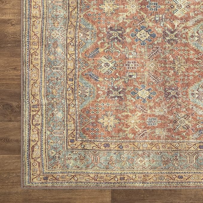Bloom Rugs Washable Non-Slip 6' x 9' Rug - Terracotta/Mustard Traditional Area Rug for Living Room, Bedroom, Dining Room, and Kitchen - Exact Size: 6' x 9'