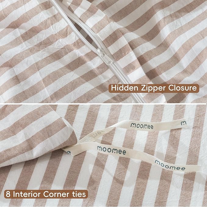 MooMee Striped Duvet Cover Set 100% Washed Cotton Linen Like Textured Breathable Durable Soft Comfy (Orange Classic Stripes, Queen 90"x90")