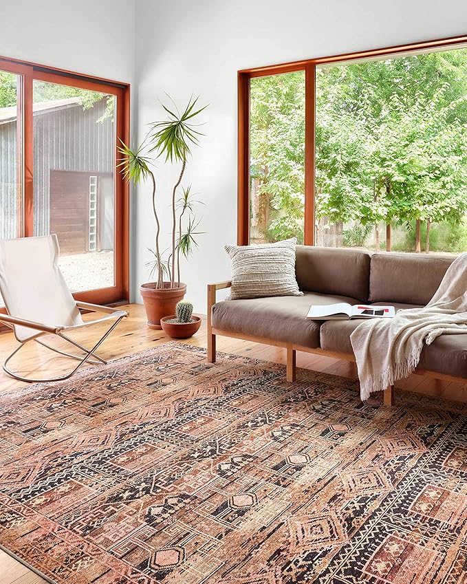 Loloi Layla Collection LAY-14 Mocha/Blush 5'-0" x 7'-6" .13" Thick Area Rug, Soft, Durable, Vintage Inspired, Distressed, Low Pile, Non-Shedding, Easy Clean, Printed, Living Room Rug