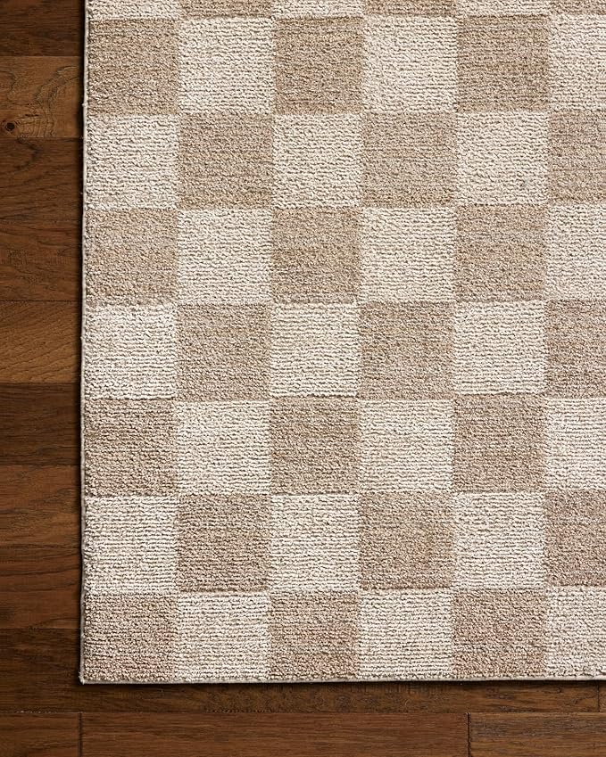 Loloi Chris Loves Julia Calvin Collection CLV-01 Pebble/Ivory 7'-10" x 10' Area Rug Checkered Neutral Soft Living Room Bedroom Carpet