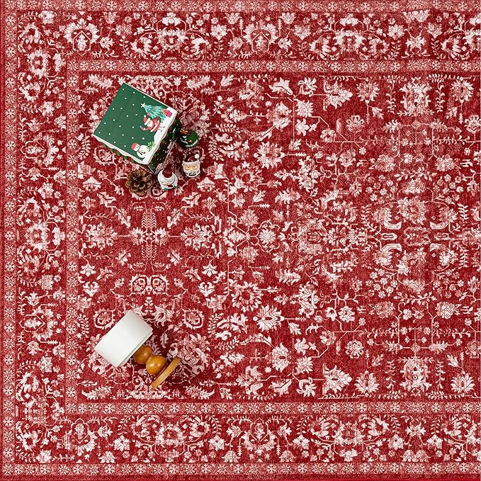 Christmas Area Rug 3x5 Red Washable Office Carpet Holiday Door Mat Vintage Low Pile Distressed Retro Floral Throw Non Slip Soft Decorative Xmas Rug for Entryway Kitchen Bedroom Bathroom