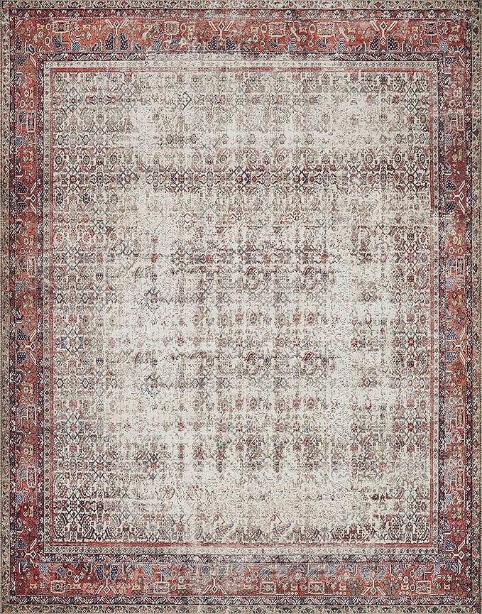 Loloi Layla Collection LAY-12 Ivory/Brick 7'-6" x 9'-6" .13" Thick Area Rug, Soft, Durable, Vintage Inspired, Distressed, Low Pile, Non-Shedding, Easy Clean, Printed, Living Room Rug